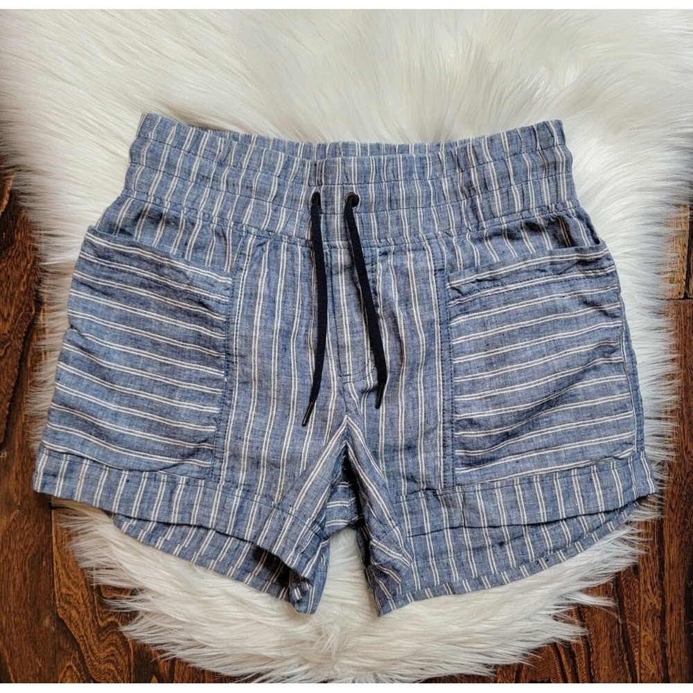 Athleta Cabo Linen Shorts Blue /White Striped Pockets Drawstring Women's Size 2